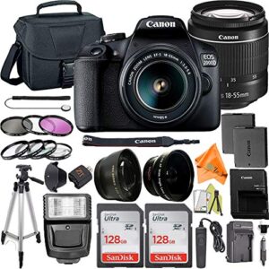 canon eos 2000d / rebel t7 digital slr camera 24.1mp with 18-55mm zoom lens + zeetech accessory bundle, 2 pack sandisk 128gb memory card, telephoto and wideangle lenses, flash, tripod (renewed)