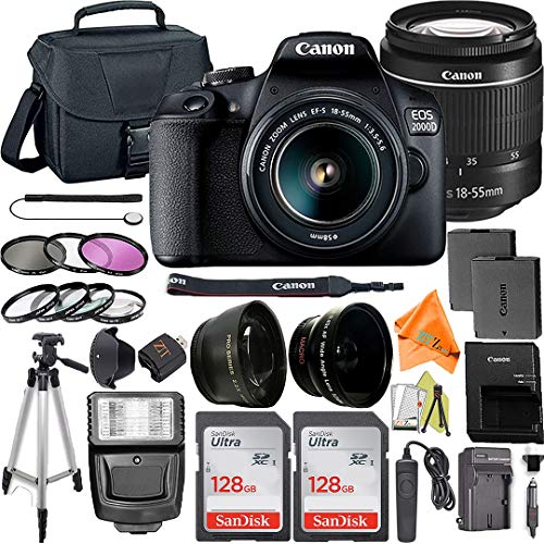 Canon EOS 2000D / Rebel T7 Digital SLR Camera 24.1MP with 18-55mm Zoom Lens + ZeeTech Accessory Bundle, 2 Pack SanDisk 128GB Memory Card, Telephoto and Wideangle Lenses, Flash, Tripod (Renewed)