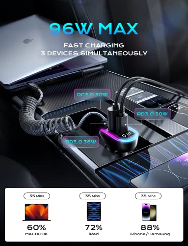 USB C Car Charger Adapter - LISEN 96W 3 Port USB Car Charger Fast Charging Dual PD&QC3.0 with 5.3ft Fast Charge Type C Car Charger Compatible with Samsung Galaxy S22 S21 Note 20 Pixel iPad Pro iPhone