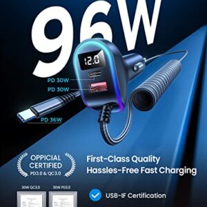 USB C Car Charger Adapter - LISEN 96W 3 Port USB Car Charger Fast Charging Dual PD&QC3.0 with 5.3ft Fast Charge Type C Car Charger Compatible with Samsung Galaxy S22 S21 Note 20 Pixel iPad Pro iPhone