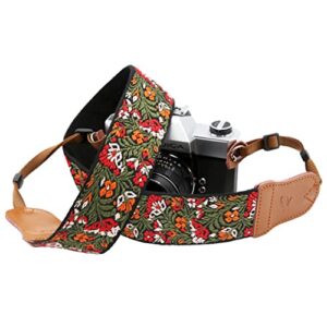 Camera Strap for All DSLR / SLR Cameras,Double Layer Cowhide Ends,2"Wide Pure Cotton Embroidered Woven Camera Strap,Adjustable Universal Neck & Shoulder Strap,Gift for Photographers（Green Flower）