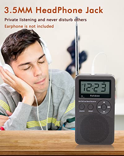 Ratakee Battery Operated Handheld AM/FM Radio with Preset, Sleep Timer and Battery Backup for Yard Work, Walking, Camping, Jogging, Fishing, 3 AA Battery Powered