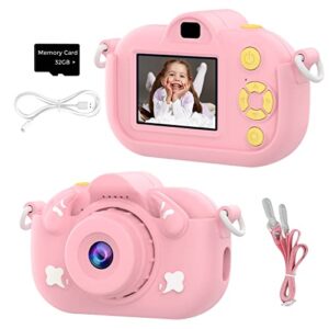 kids digital camera, 1080p hd digital video cameras for girls age 3-9, perfect christmas birthday gift portable camera for 3 4 5 6 7 8 9 year old with 32gb sd card