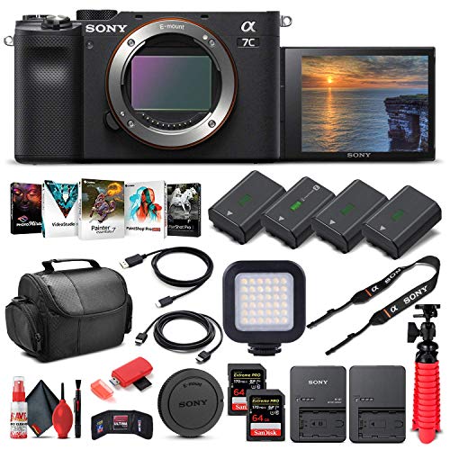 Sony Alpha a7C Mirrorless Digital Camera (Body Only, Black) (ILCE7C/B) + 2 x 64GB Memory Card + 3 x NP-FZ-100 Battery + Corel Photo Software + Case + External Charger + Card Reader + More (Renewed)