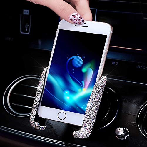 Bling Car Phone Holder Mini Car Dash Air Vent Automatic Phone Mount Universal 360°Adjustable Crystal Auto Car Stand Phone Holder Car Accessories for Women and Girls (White)