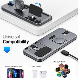 LERCIOR Apple Devices Portable Three-in-one Charging Station Apple Watch 7/6/SE/5/4/3/2/1 Charger Stand, iPhone AirPods Pro 3/2/1 Charging Base Foldable Charger-Gray