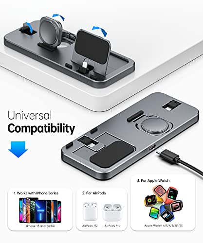 LERCIOR Apple Devices Portable Three-in-one Charging Station Apple Watch 7/6/SE/5/4/3/2/1 Charger Stand, iPhone AirPods Pro 3/2/1 Charging Base Foldable Charger-Gray