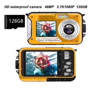 2.7K Underwater Digital Camera, 48MP Image 10FT Waterproof Video Camera, Dual Screens Digital Camera 16X Digital Zoom, Support up to 128G Micro Card(Yellow)