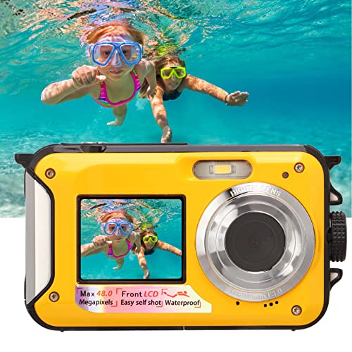 2.7K Underwater Digital Camera, 48MP Image 10FT Waterproof Video Camera, Dual Screens Digital Camera 16X Digital Zoom, Support up to 128G Micro Card(Yellow)