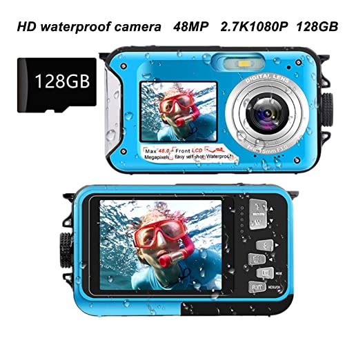 2.7K Underwater Digital Camera, 48MP Image 10FT Waterproof Video Camera, Dual Screens Digital Camera 16X Digital Zoom, Support up to 128G Micro Card(Blue)