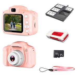 acuvar 1080p kids selfie hd compact digital photo and video rechargeable camera kit with 32gb tf card & 2″ lcd screen micro usb charger, lanyard. 6pc card holder and all in one usb card reader (pink)
