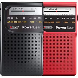 powerbear portable radio | am/fm, battery operated, long range (black,red)