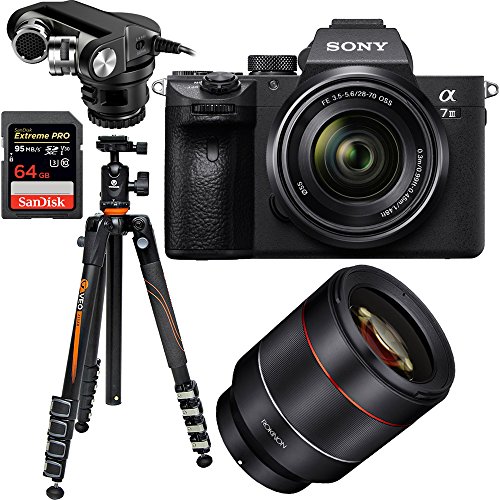 Sony ILCE-7M3K/B a7III Full Frame Mirrorless Interchangeable Lens Camera with 28-70mm Bundle with AF 50mm F1.4 Auto Focus Full Frame Lens, 64GB Memory Card, Aluminum Travel Tripod and Microphone