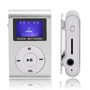 portable mini mp3 music player, 0.8inch lcd screen sports back clip mp3 player support memory card, mini digital music player for adult student(silver)