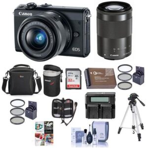 canon eos m100 mirrorless camera with ef-m 15-45mm f/3.5-6.3 is stm and ef-m 55-200mm f/4.5-6.3 is stm lenses, black – bundle with camera bag, 32gb sdhc card, 49/52mm filter, software pack, and more