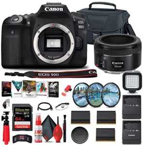 canon eos 90d dslr camera (body only) (3616c002), canon ef 50mm lens, 64gb card, case, filter kit, corel photo software, 2 x lpe6 battery, charger, card reader + more (renewed)