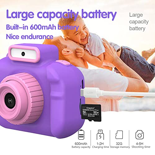 Portable Lightweight 1080P HD Children's Digital Camera, 4800 W Front and Rear,Video and Games,8xdigital Zoom,tf-Card Max 32g with Flashlight,800mah Battery,Gifts for Children (Purple)