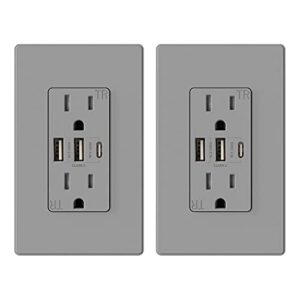 elegrp 30w 6.0 amp 3 port usb wall outlet, 15 amp receptacle with usb c usb a ports, usb charger for iphone/ipad/samsung/lg/htc/android devices, ul listed, w/wall plate, 1 pack, matte gray