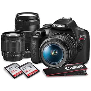 canon t7 eos rebel dslr camera with 18-55mm and 75-300mm lenses kit & 32gb dual sd card accessory bundle