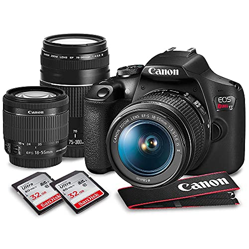 Canon T7 EOS Rebel DSLR Camera with 18-55mm and 75-300mm Lenses Kit & 32GB Dual SD Card Accessory Bundle