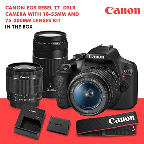 Canon T7 EOS Rebel DSLR Camera with 18-55mm and 75-300mm Lenses Kit & 32GB Dual SD Card Accessory Bundle