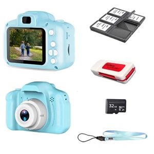 acuvar 1080p kids selfie hd compact digital photo and video rechargeable camera kit with 32gb tf card & 2″ lcd screen micro usb charger, lanyard. 6pc card holder and all in one usb card reader (blue)