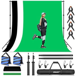 emart photo video studio backdrop stand kit, 7×10ft adjustable photography support system with polyester background(black/white/green screen), spring clamps and carry bag for photoshoot