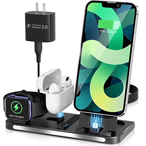 3 in 1 Charging Station for Multiple Apple Devices, Foldable Wireless Charger Stand for iPhone Series AirPods Pro/3/2/1, Fast Charging Dock for Apple Watch SE/7/6/5/4/3/2/1 with 18W Adapter