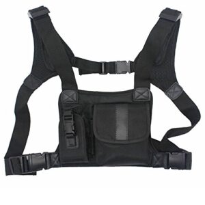 goodqbuy universal radio harness chest rig bag pocket pack holster vest for two way radio (rescue essentials) (leather black)