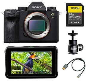 sony alpha a9 ii mirrorless digital camera body, ilce9m2/b field monitor bundle with atomos shinobi, 64gb sd card and accessories