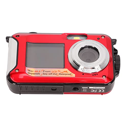 Pomya Digital Camera,Full HD 2.7K 48MP Dual Screens Waterproof Digital Camera, 16X Digital Zoom Front Rear Double Screens Waterproof Digital Camera,Gift for Kids Friends(Red)