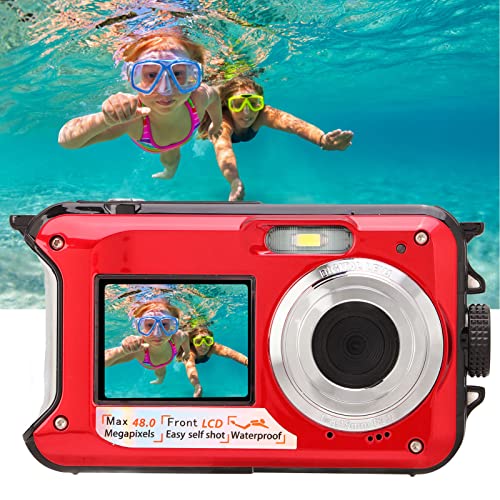 Pomya Digital Camera,Full HD 2.7K 48MP Dual Screens Waterproof Digital Camera, 16X Digital Zoom Front Rear Double Screens Waterproof Digital Camera,Gift for Kids Friends(Red)