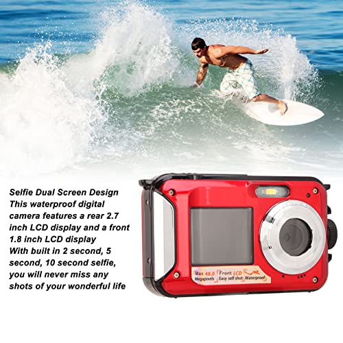 Pomya Digital Camera,Full HD 2.7K 48MP Dual Screens Waterproof Digital Camera, 16X Digital Zoom Front Rear Double Screens Waterproof Digital Camera,Gift for Kids Friends(Red)