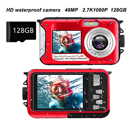 Pomya Digital Camera,Full HD 2.7K 48MP Dual Screens Waterproof Digital Camera, 16X Digital Zoom Front Rear Double Screens Waterproof Digital Camera,Gift for Kids Friends(Red)