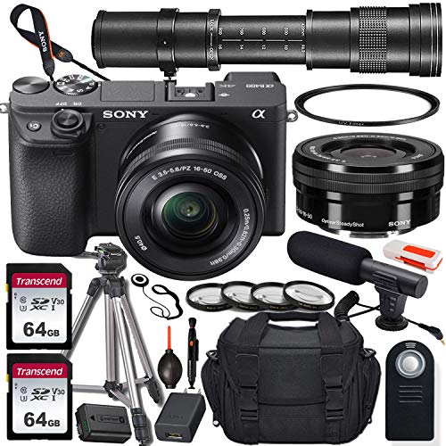 Sony Alpha a6400 Mirrorless Digital Camera with 16-50mm and 420-800mm Telephoto Lens + 2X 64GB Memory Card, UV & Close-up Filters, Microphone, Portable Tripod, Gadget Bag & More