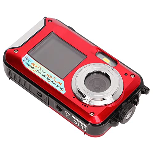 Pomya Full HD 2.7K 48MP Digital Camera, Double Screens 16X Digital Zoom Front Rear Camera, 10ft Waterproof Underwater Digital Camera for Indoor and Outdoor(Red)