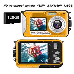 Pomya Full HD 2.7K 48MP Digital Camera, Double Screens 16X Digital Zoom Front Rear Camera, 10ft Waterproof Underwater Digital Camera for Indoor and Outdoor(Yellow)