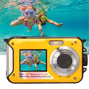 Pomya Full HD 2.7K 48MP Digital Camera, Double Screens 16X Digital Zoom Front Rear Camera, 10ft Waterproof Underwater Digital Camera for Indoor and Outdoor(Yellow)
