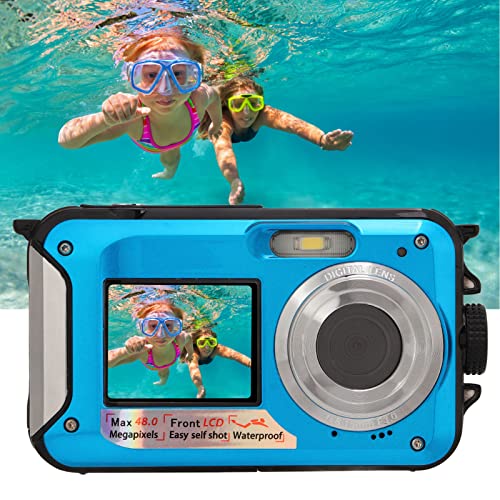 Pomya Digital Camera,Full HD 2.7K 48MP Dual Screens Waterproof Digital Camera, 16X Digital Zoom Front Rear Double Screens Waterproof Digital Camera,Gift for Kids Friends(Blue)
