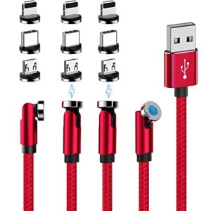 540° rotating magnetic charging cable (red 4-pack 3/3/6/6ft) 3 in 1 usb c magnetic phone charger cable 2.4a fast charge cord for iphone samsung moto android tablet tws earphone gamepad