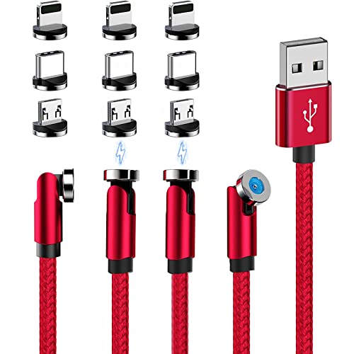 540° Rotating Magnetic Charging Cable (Red 4-Pack 3/3/6/6ft) 3 in 1 USB C Magnetic Phone Charger Cable 2.4A Fast Charge Cord for iPhone Samsung Moto Android Tablet TWS Earphone Gamepad