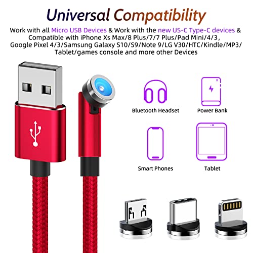 540° Rotating Magnetic Charging Cable (Red 4-Pack 3/3/6/6ft) 3 in 1 USB C Magnetic Phone Charger Cable 2.4A Fast Charge Cord for iPhone Samsung Moto Android Tablet TWS Earphone Gamepad