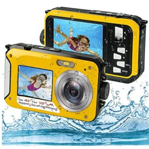 pomya digital camera,full hd 2.7k 48mp dual screens waterproof digital camera, 16x digital zoom front rear double screens waterproof digital camera,gift for kids friends(yellow)