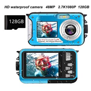 Pomya Full HD 2.7K 48MP Digital Camera, Double Screens 16X Digital Zoom Front Rear Camera, 10ft Waterproof Underwater Digital Camera for Indoor and Outdoor(Blue)