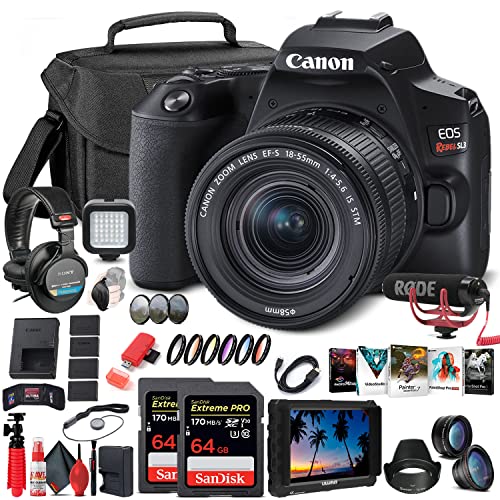 Canon EOS Rebel SL3 DSLR Camera with 18-55mm Lens (Black) (3453C002) + 4K Monitor + Pro Mic + Pro Headphones + 2 x 64GB Memory Card + Color Filter Kit + Case + Filter Kit + More (Renewed)