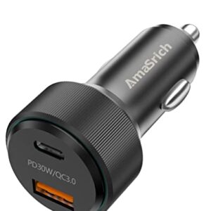 Car Charger USB-C 48W, Amasrich Cigarette Lighter USB Charger, Fast Charge Adapter with Type-C, PD&QC3.0 Dual Port for iPhone/Samsung/Pixel/Android/iPad/Cell Phone