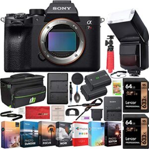 sony a7r iv 61.0mp full-frame mirrorless interchangeable lens camera body ilce-7rm4 4k bundle with 128gb memory (2 x 64gb cards), flash, extra battery, software, deco gear bag & accessories (9 items)