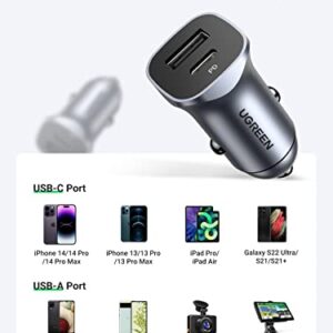 UGREEN USB C Car Charger, PD 20W & QC18W Fast Car Charger Adapter, Dual Port Mini USB Car Charger Compatible with iPhone 14/13/12/11/X/8, iPad, Galaxy S23/S22/S21/S20/Note 20, Google Pixel, LG