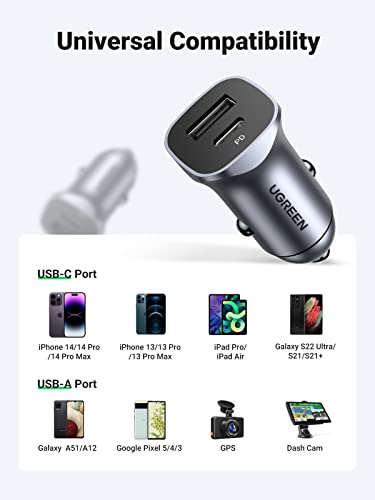 UGREEN USB C Car Charger, PD 20W & QC18W Fast Car Charger Adapter, Dual Port Mini USB Car Charger Compatible with iPhone 14/13/12/11/X/8, iPad, Galaxy S23/S22/S21/S20/Note 20, Google Pixel, LG