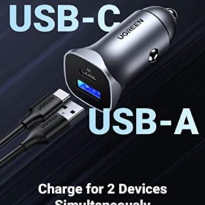 UGREEN USB C Car Charger, PD 20W & QC18W Fast Car Charger Adapter, Dual Port Mini USB Car Charger Compatible with iPhone 14/13/12/11/X/8, iPad, Galaxy S23/S22/S21/S20/Note 20, Google Pixel, LG